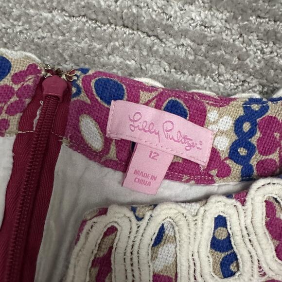 Lilly Pulitzer Dress Womens 12 Pink Blue Shift Sleeveless Lace Trim Printed - Picture 8 of 15